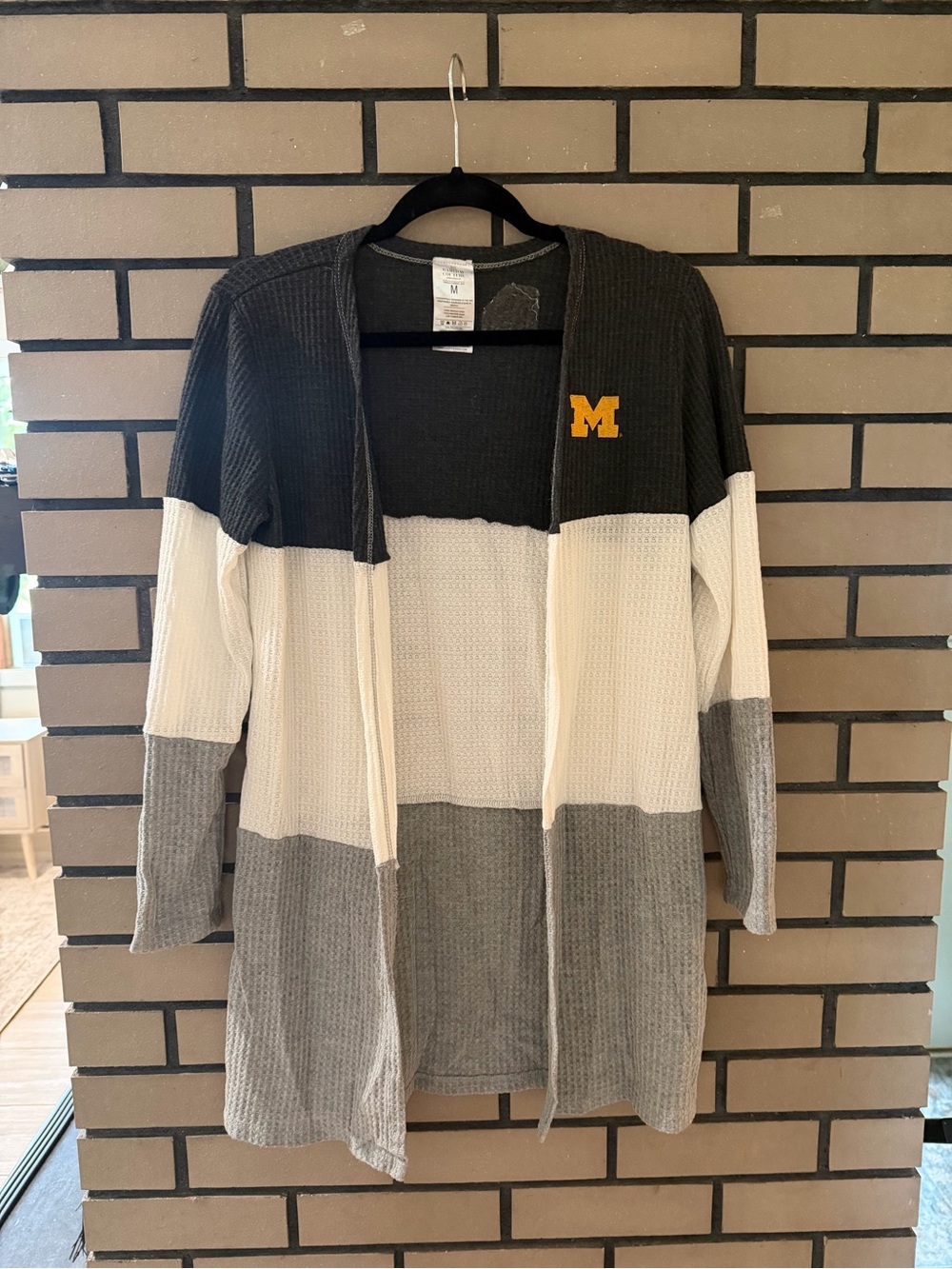 Colorblock U of M Open-Front Waffle Knit Cardigan - Charcoal, White & Gray